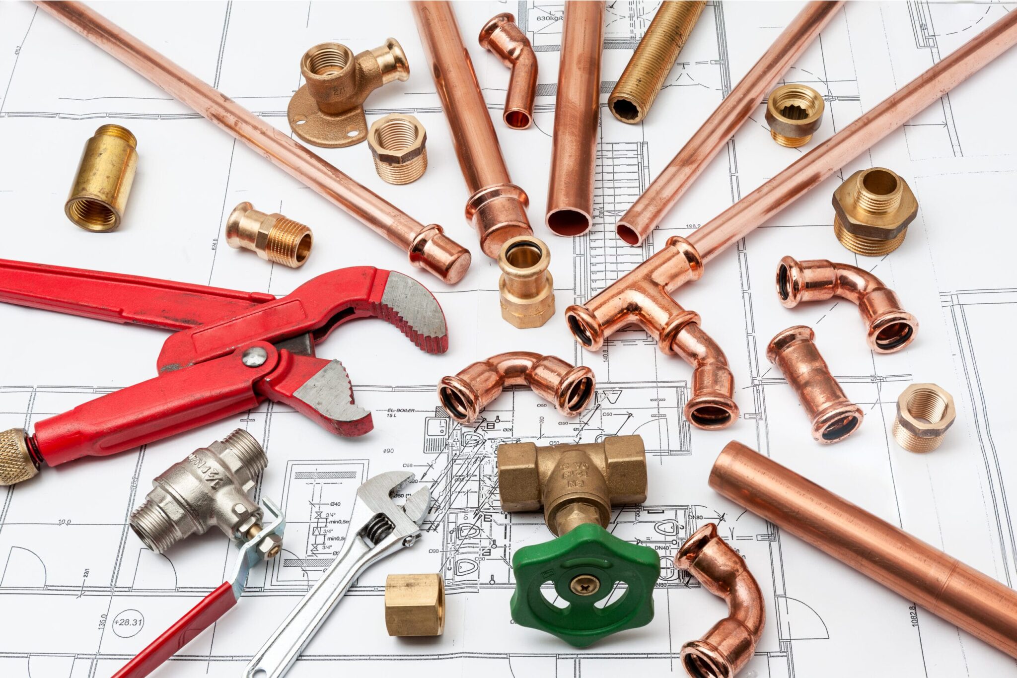 Copper pipes, fittings, valves, and plumbing tools in Canton