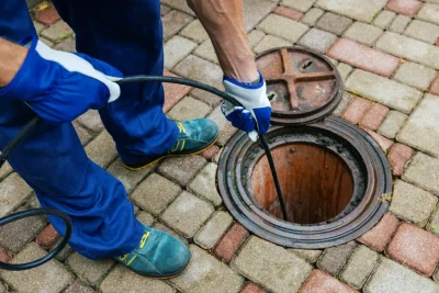 Plumber cleaning an outdoor sewer drain in Canton