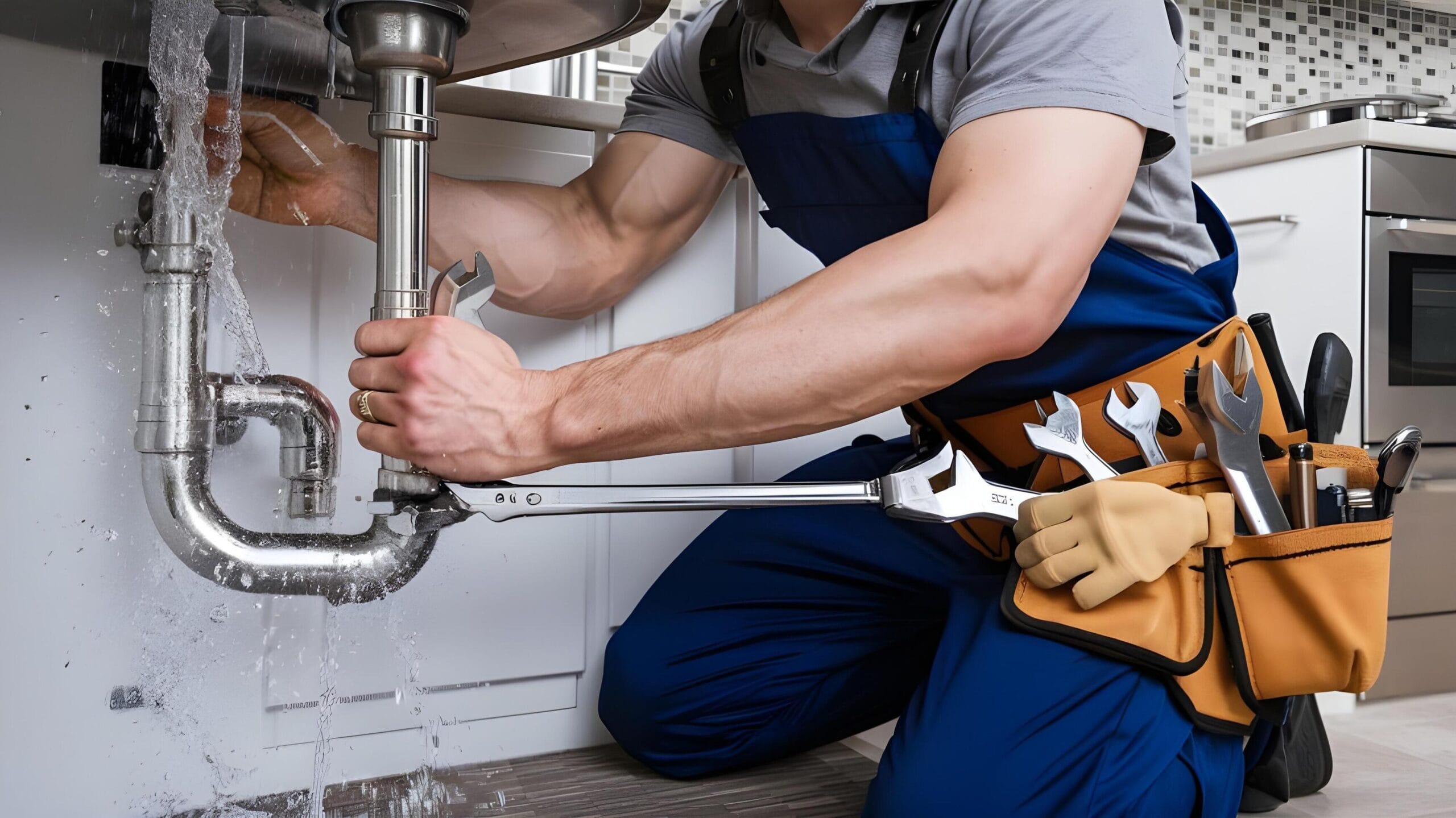 Plumber tightening a residential plumbing pipe in Canton