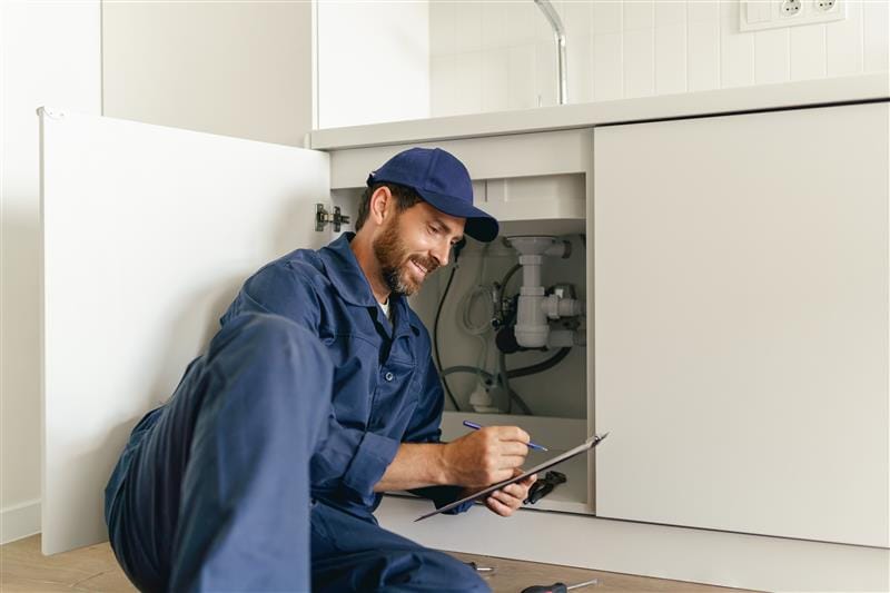 Residential plumber reviewing plumbing repairs in a Canton kitchen
