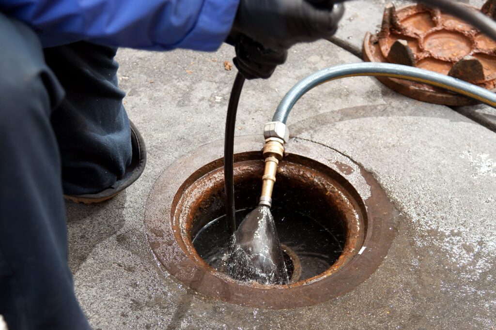 Plumber hydro jetting a sewer line through a manhole in Canton