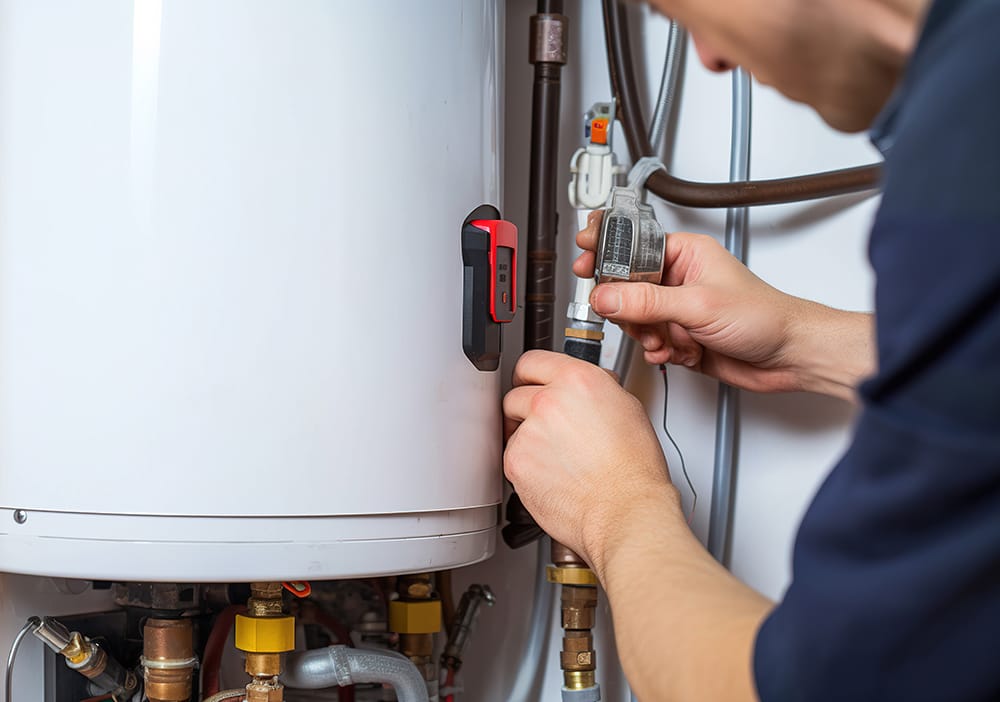 Technician repairing pipes connected to a water heater in Canton